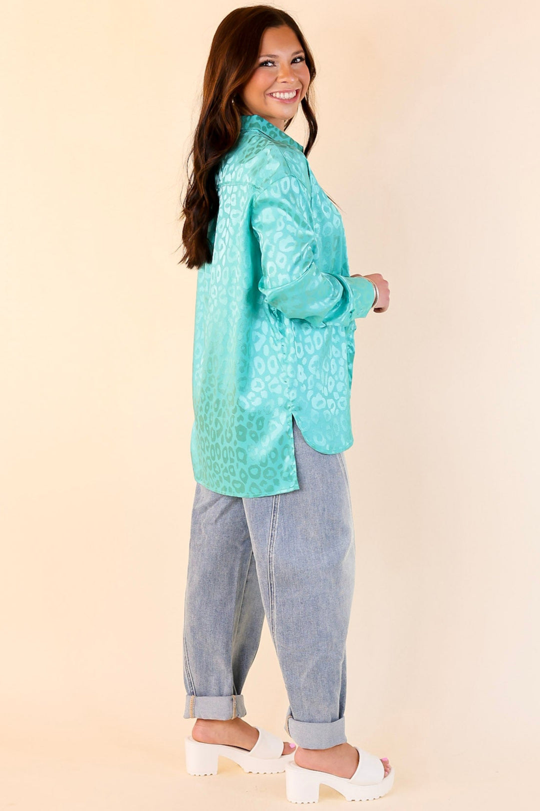 Top It Off Long Sleeve Button Up Satin Leopard Top in Turquoise Blue