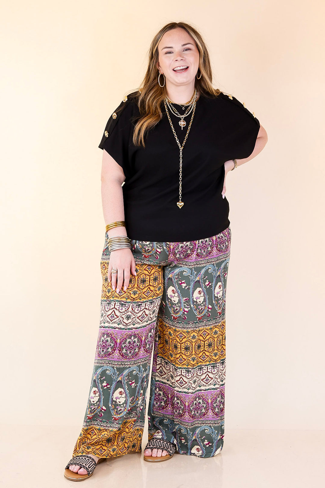 Golden Hour Glow Ribbed Crew Neck Top With Gold Button Detailing in Black