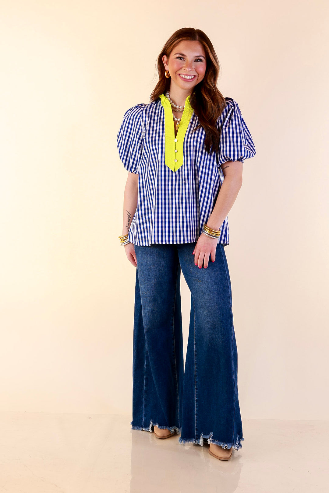 Polished &amp; Playful Short Puff Sleeve Gingham Top with Contrast Lime Green Trim in Royal Blue and White