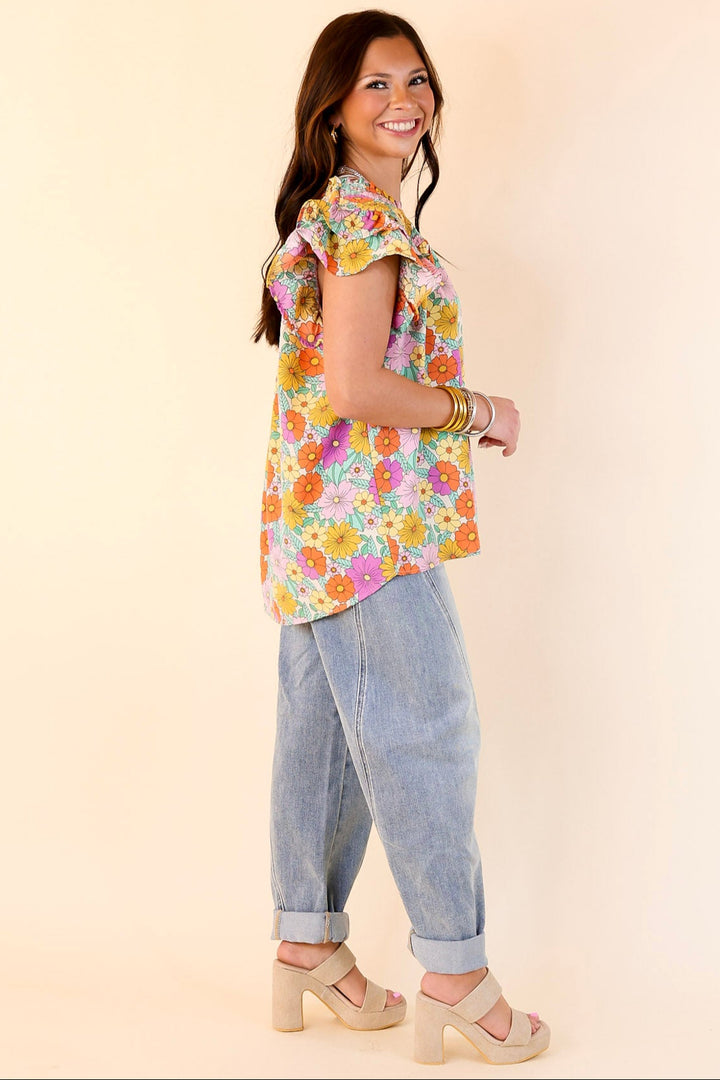 Pretty Days Floral Notched Neckline Top in Cream