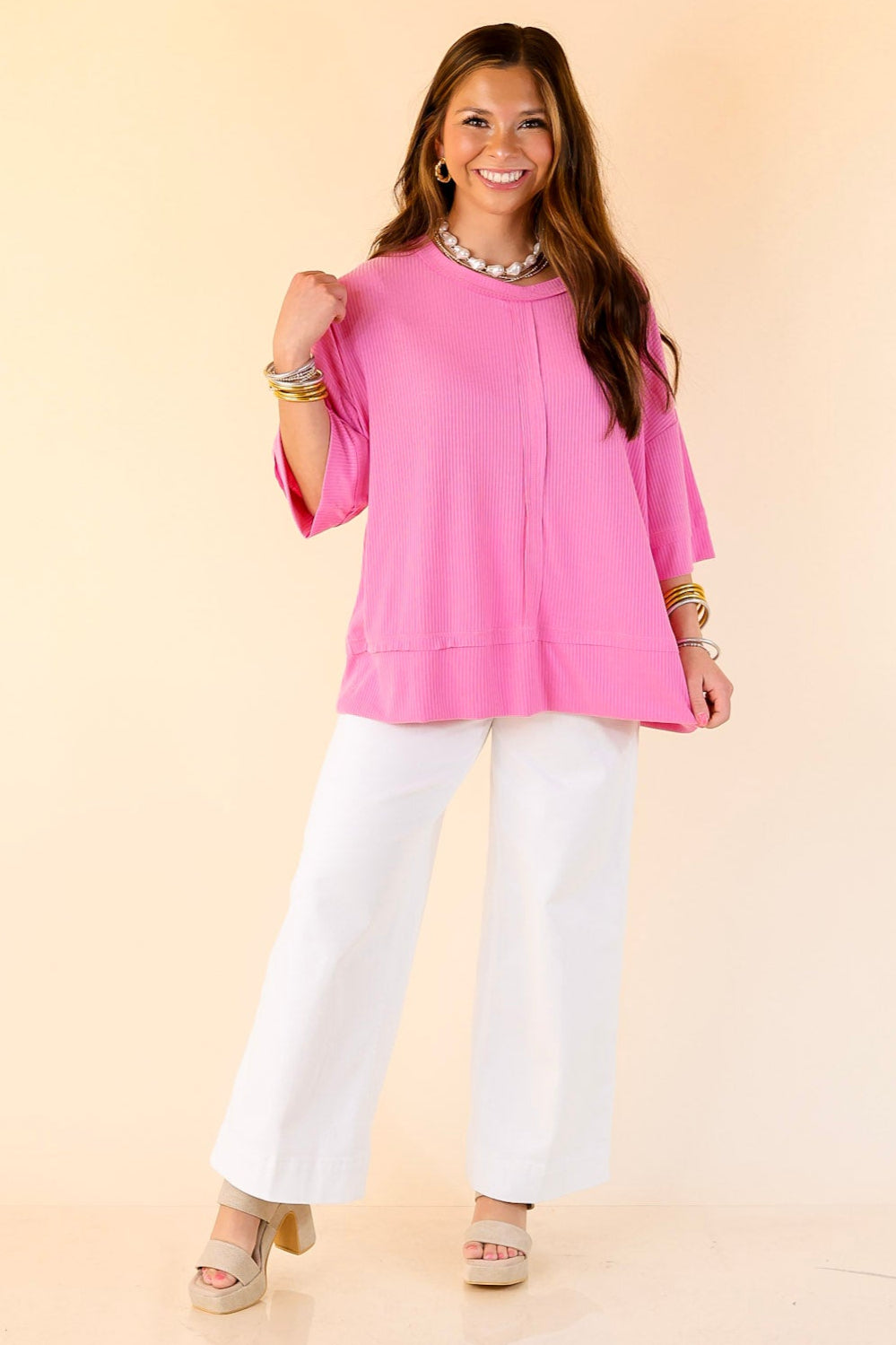 Subtle Spark Crew Neck Short Sleeve Shirt with Seam Detailing in Pink