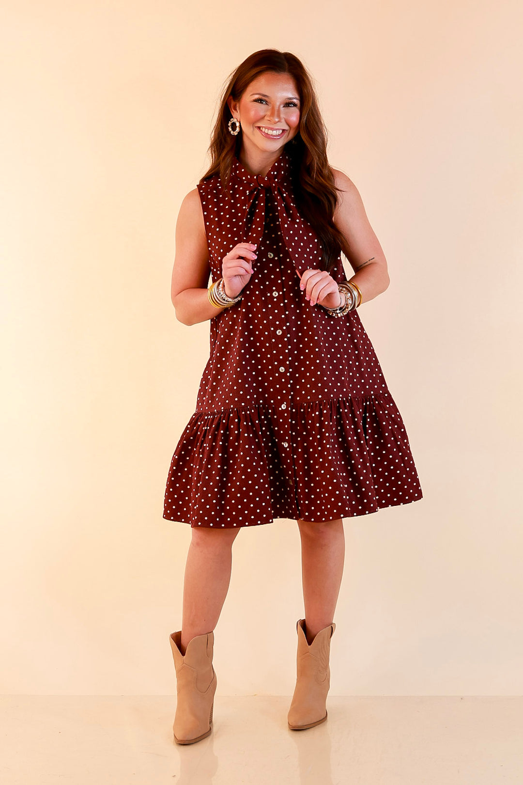 Sweet Spot Denim Polka Dot Bow Neck Tie Button Front Drop Waist Dress in Maroon