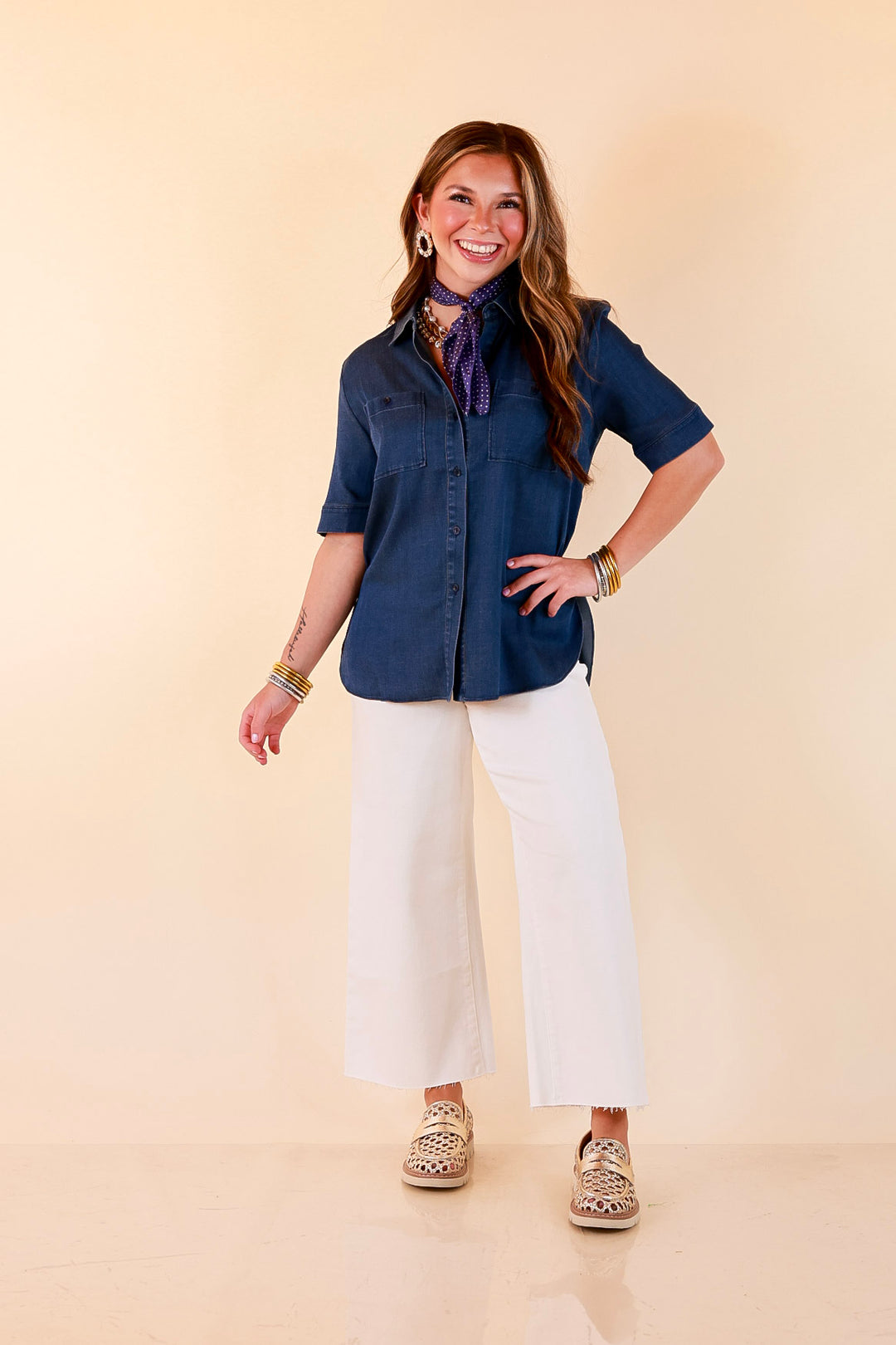Lyssé | Best Dressed Short Sleeve Button Down Chambray Denim Shirt in Dark Wash
