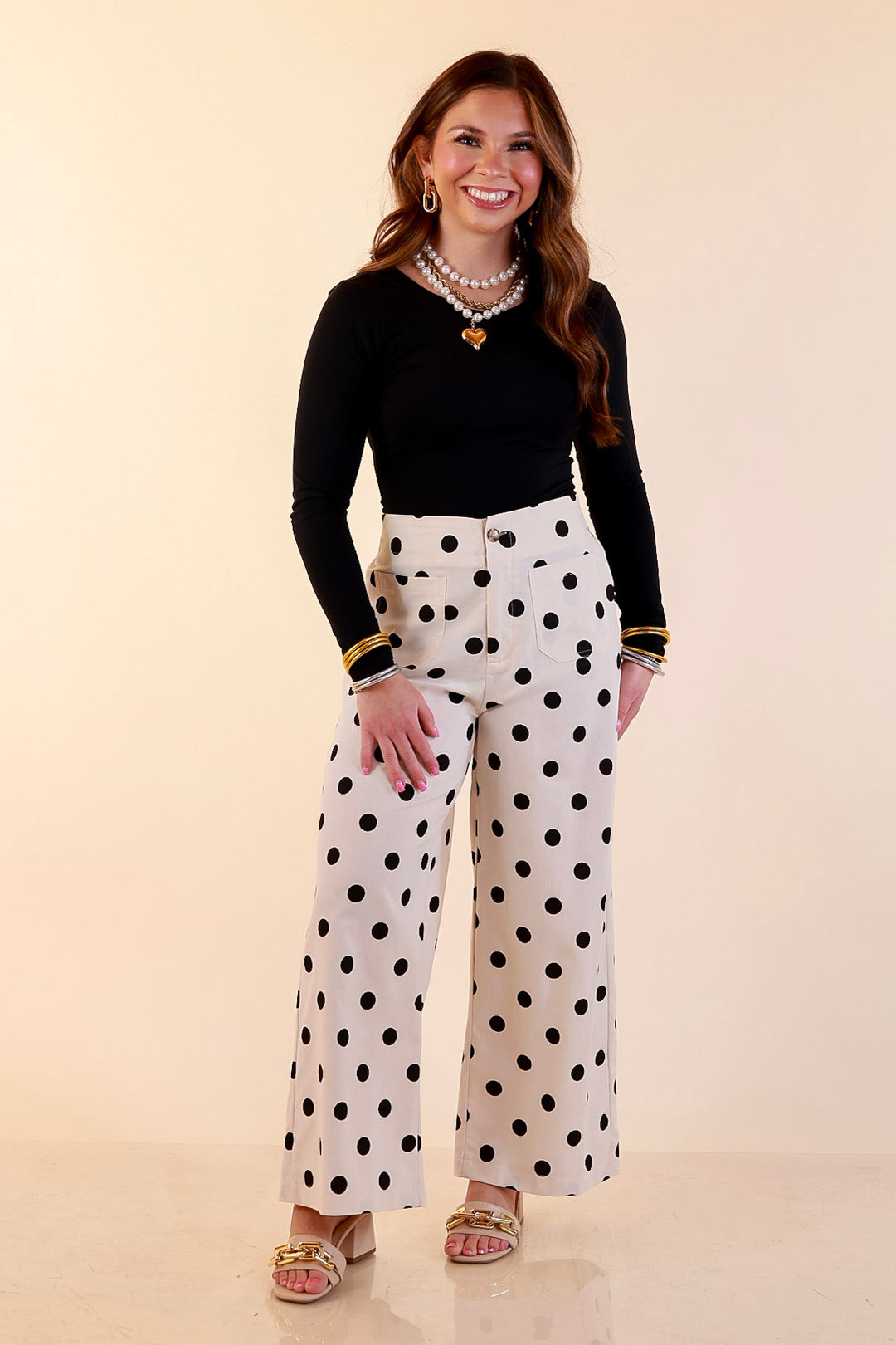 Spot on Style Wide Leg Black Polka Dot Print Pant with Front Patch Pocket in Cream