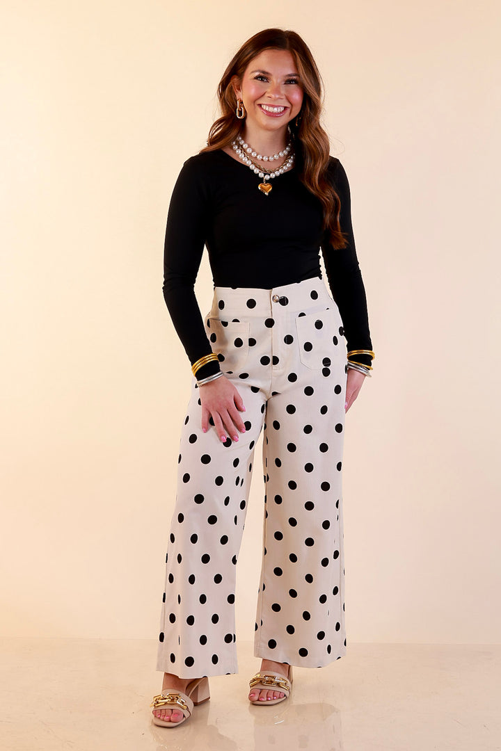 Spot on Style Wide Leg Black Polka Dot Print Pant with Front Patch Pocket in Cream