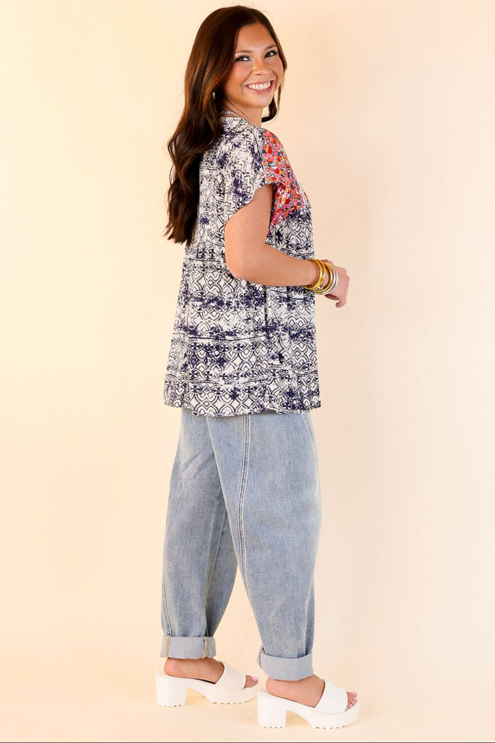 Fredericksburg In the Spring Embroidered Top with Front Keyhole in Ivory and Navy