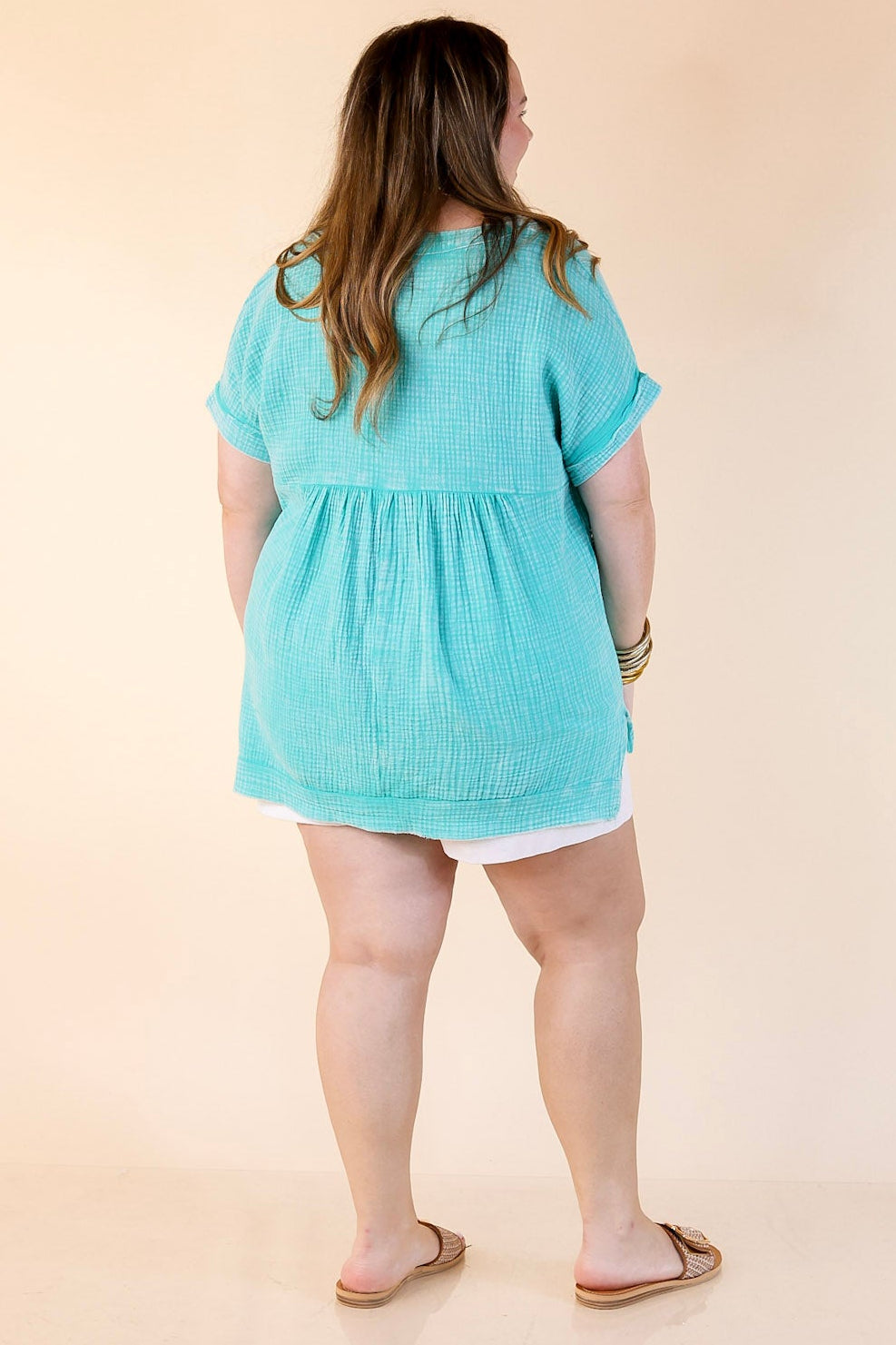 Simple Statement Quarter Button Up Short Drop Sleeve Shirt in Turquoise Blue