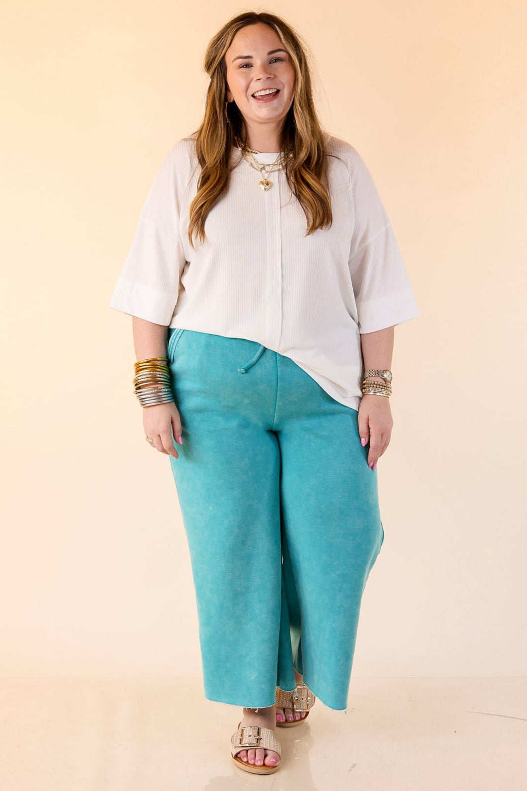 Cozy Girl Cropped Acid Washed Drawstring Pant in Turquoise Blue