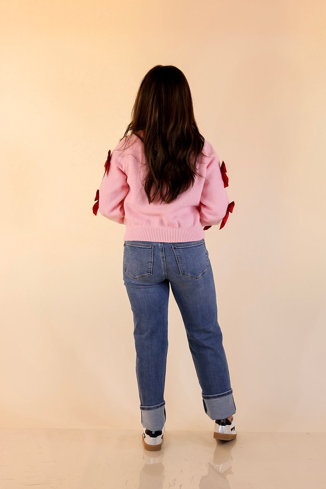 Simply Southern | Merry Moment Textured Knit Sweater with Red Bows in Pink