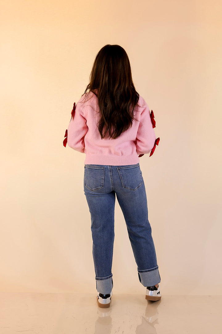Simply Southern | Merry Moment Textured Knit Sweater with Red Bows in Pink