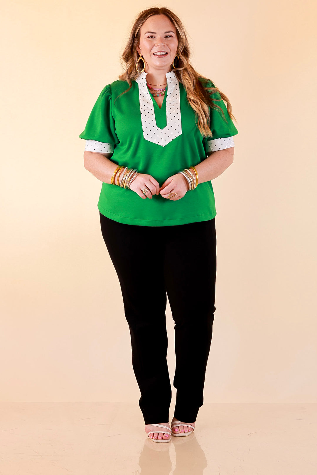 Confidently Yours Contrast Polka Dot Trim Puff Sleeve Top in Kelly Green