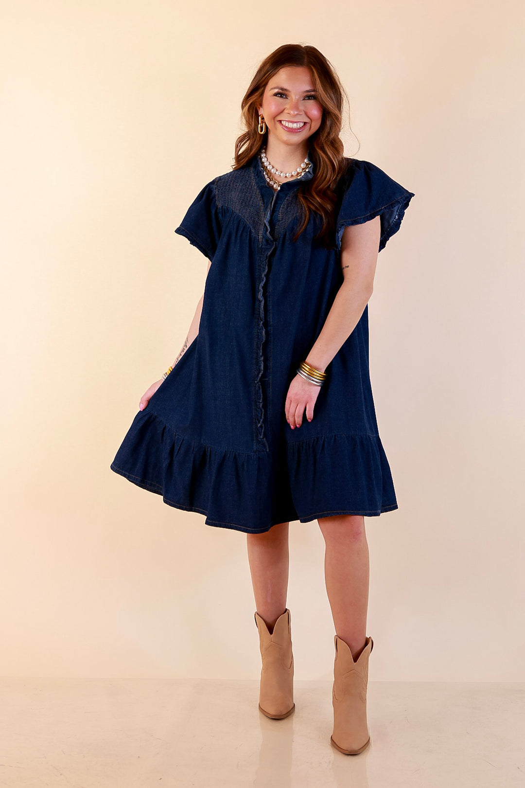 Day to Day Denim Smocked Yoke Dress with Ruffle Front and Flutter Sleeves in Dark Wash