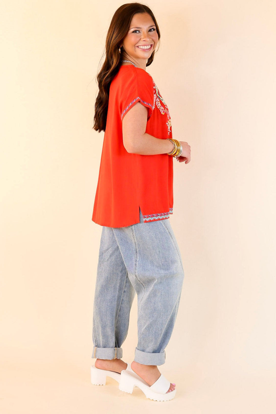 Desert Bloom Embroidered Short Sleeve Top in Red