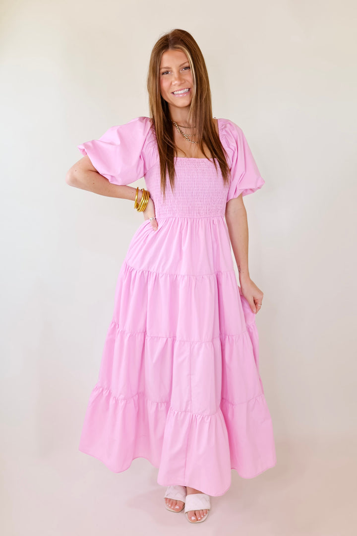 Santorini Sunshine Short Balloon Sleeve Maxi Dress in Light Pink - Giddy Up Glamour Boutique