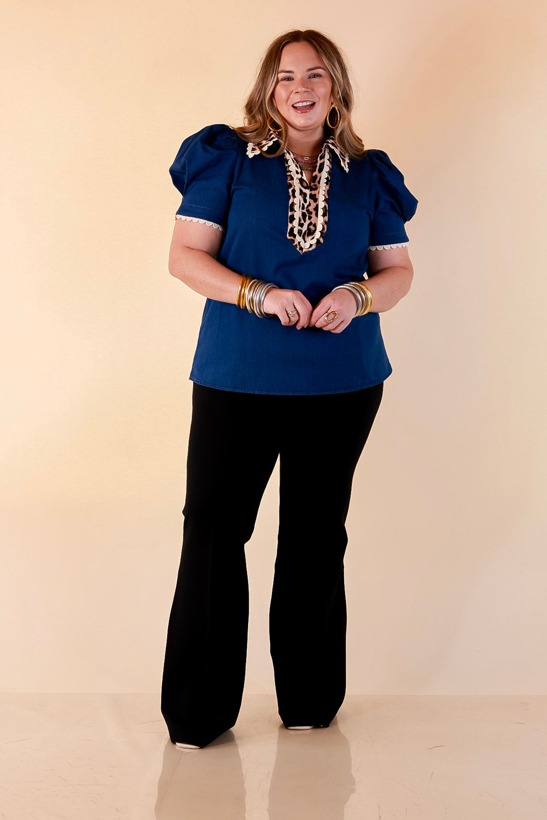 Chic in Command Contrast Leopard Print Trim with Ruffle Detailing Puff Sleeve Top in Denim