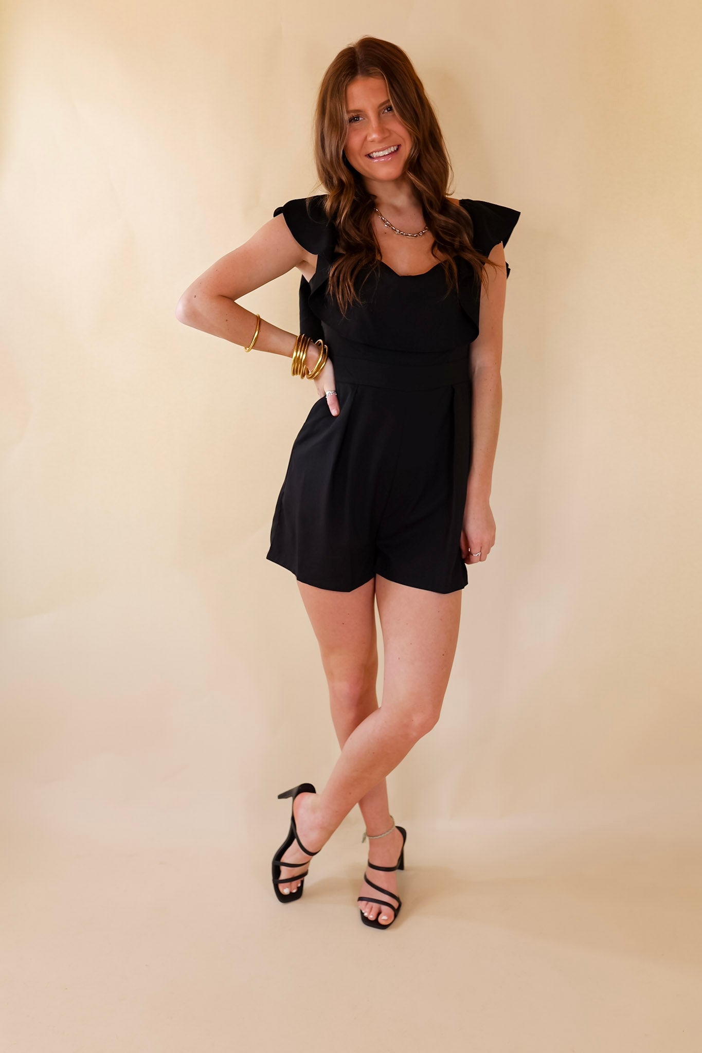 Charmingly Cute Ruffle Upper Romper in Black - Giddy Up Glamour Boutique