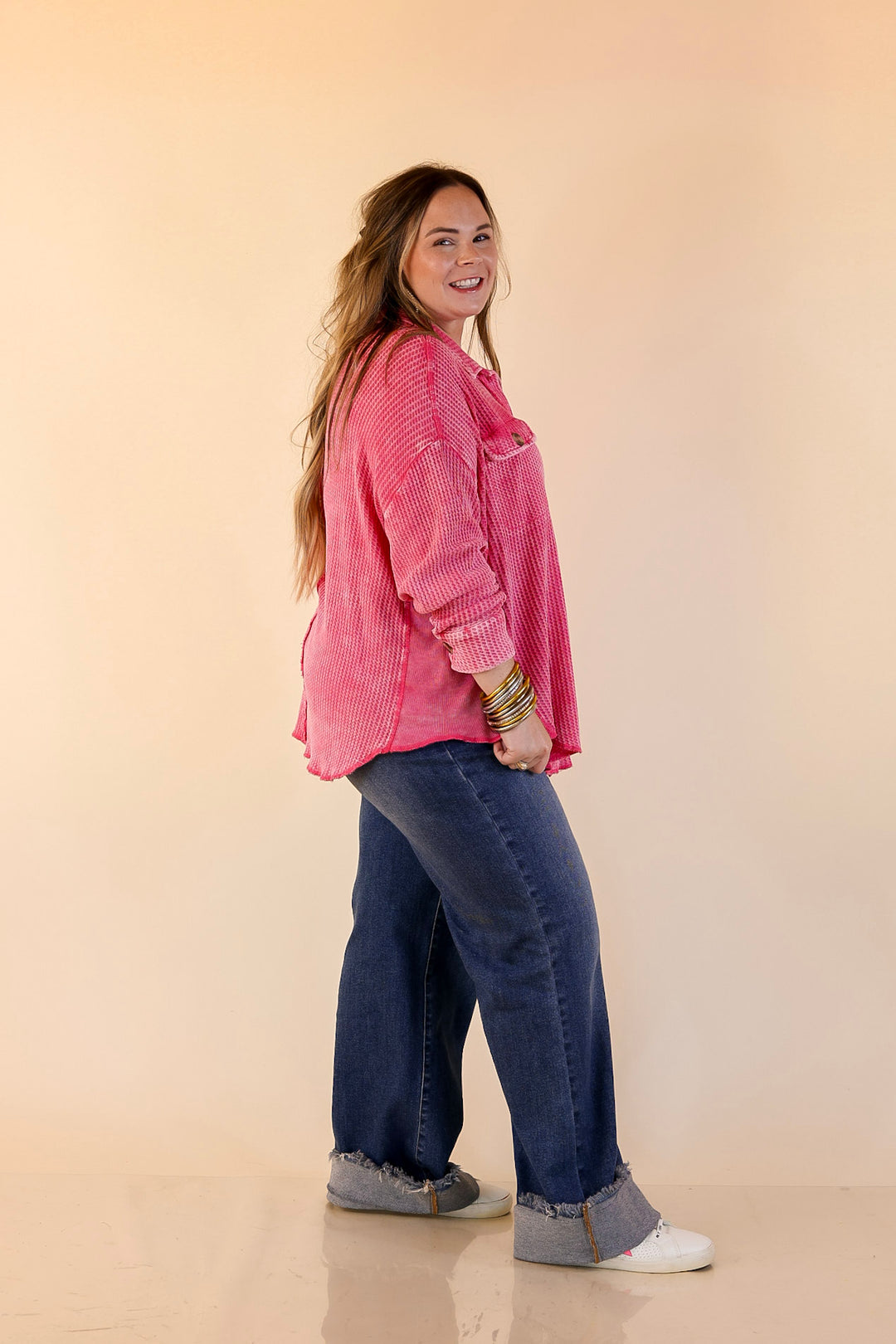 On the Move Long Sleeve Waffle Knit Button Up Shacket in Pink