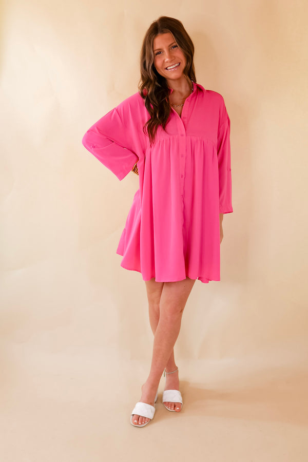 Risky Business Button Up Babydoll Dress in Pink