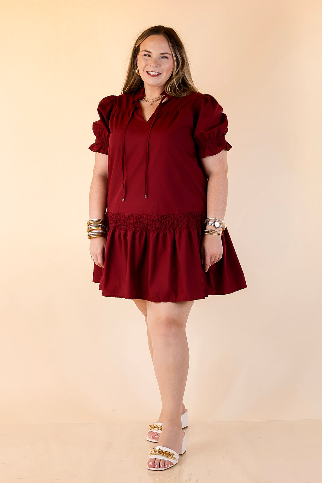 Sugar and Chic Peplum Solid Dress with Puff Sleeves in Maroon