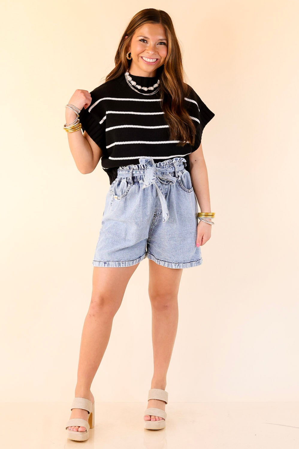 Sweet in Stripes Short Sleeve Striped Mock Neck Sweater in Black