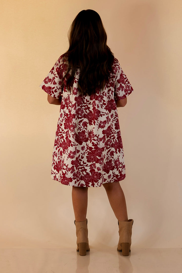 Chic Perspective Collared Button Up Floral Toile Shift Dress in Maroon