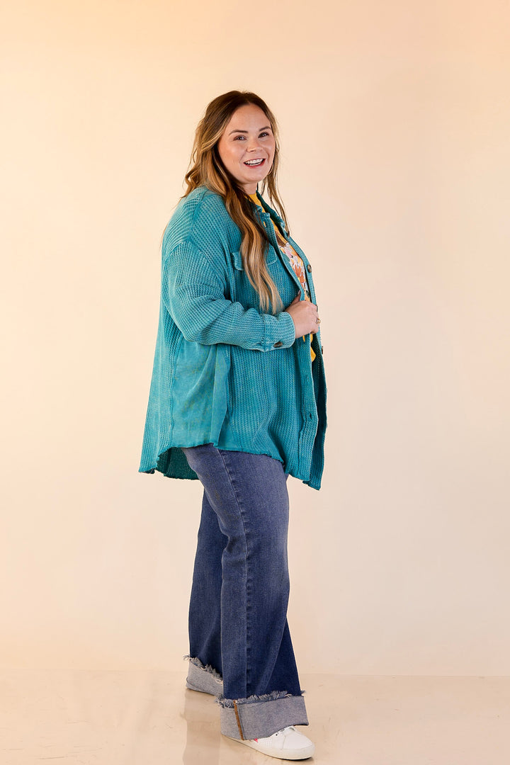 On the Move Long Sleeve Waffle Knit Button Up Shacket in Turquoise Blue