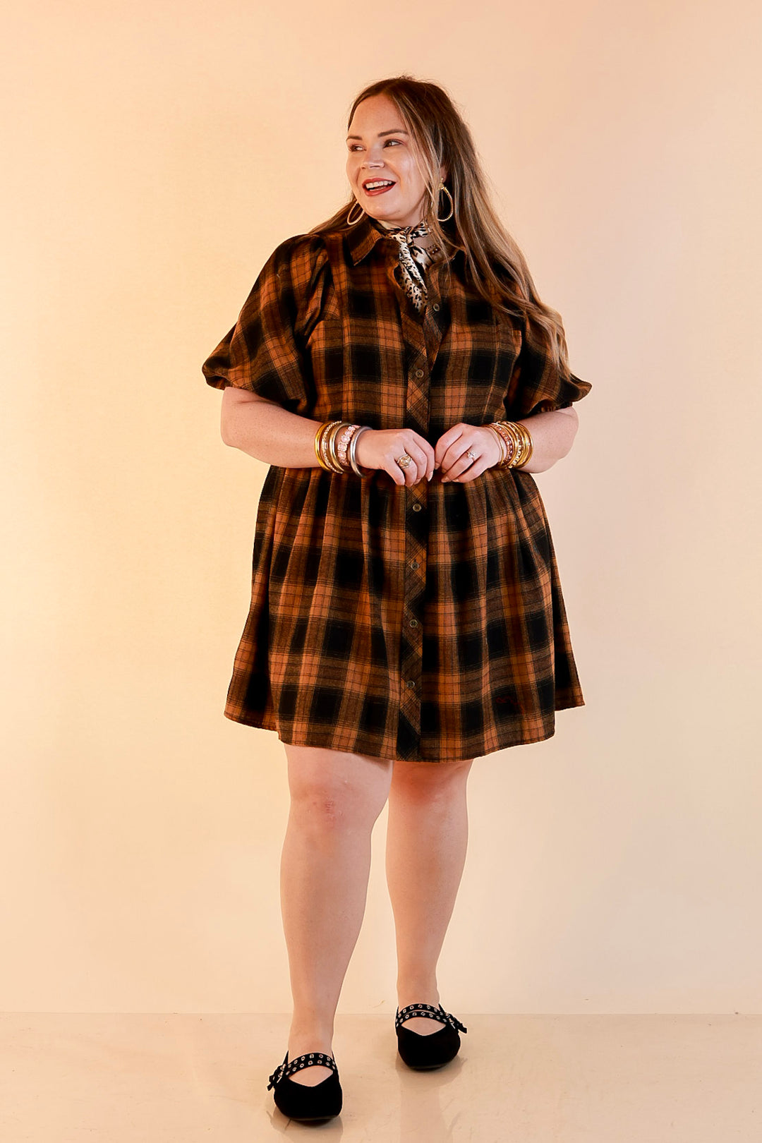 Adventures Ahead Plaid Button Up Babydoll Dress in Camel Brown
