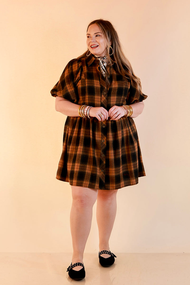 Adventures Ahead Plaid Button Up Babydoll Dress in Camel Brown
