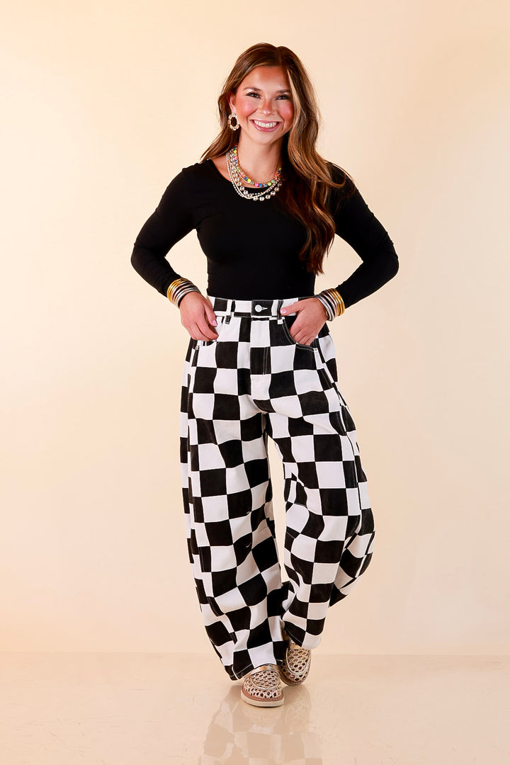 Check Me Out Wide Leg Checkered Print Barrel Denim Jean in Black