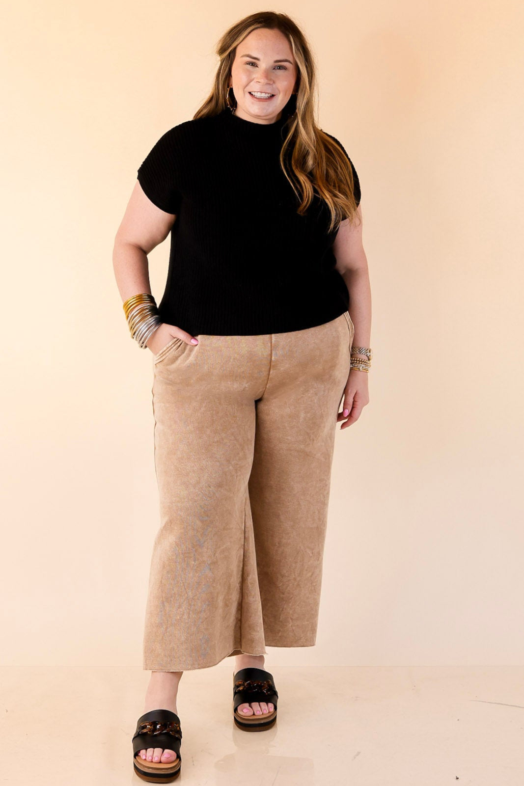 Cozy Girl Cropped Acid Washed Drawstring Pant in Caramel Brown