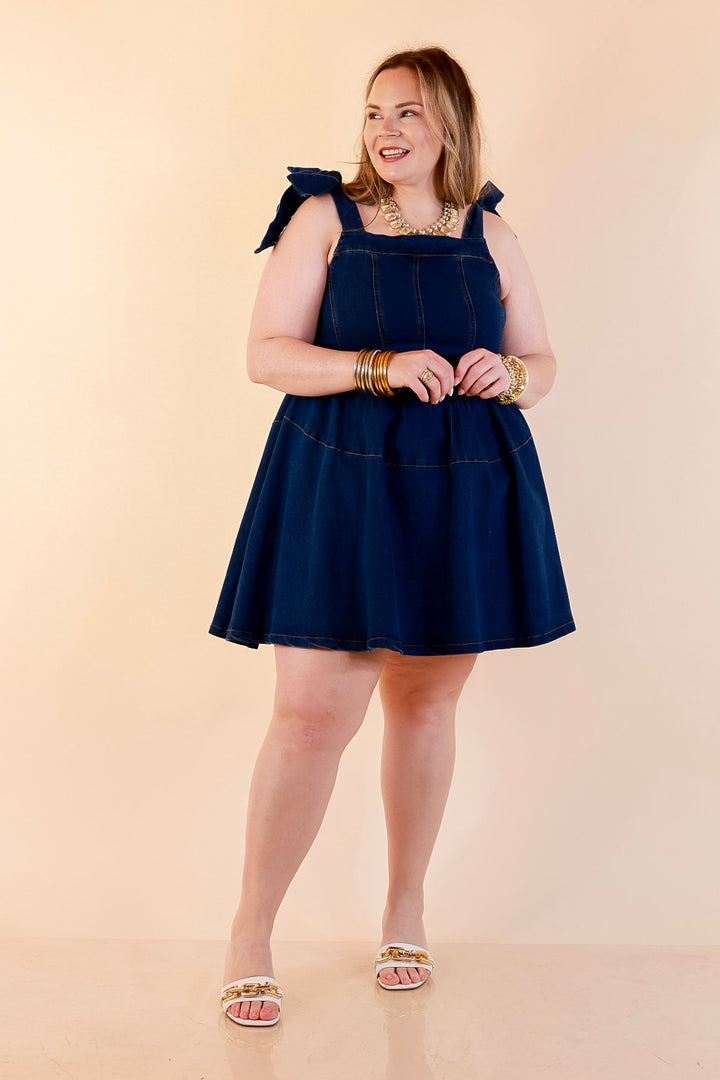 Denim Daydream Tie Shoulder Square Neck Tiered Corset Denim Mini Dress in Dark Wash