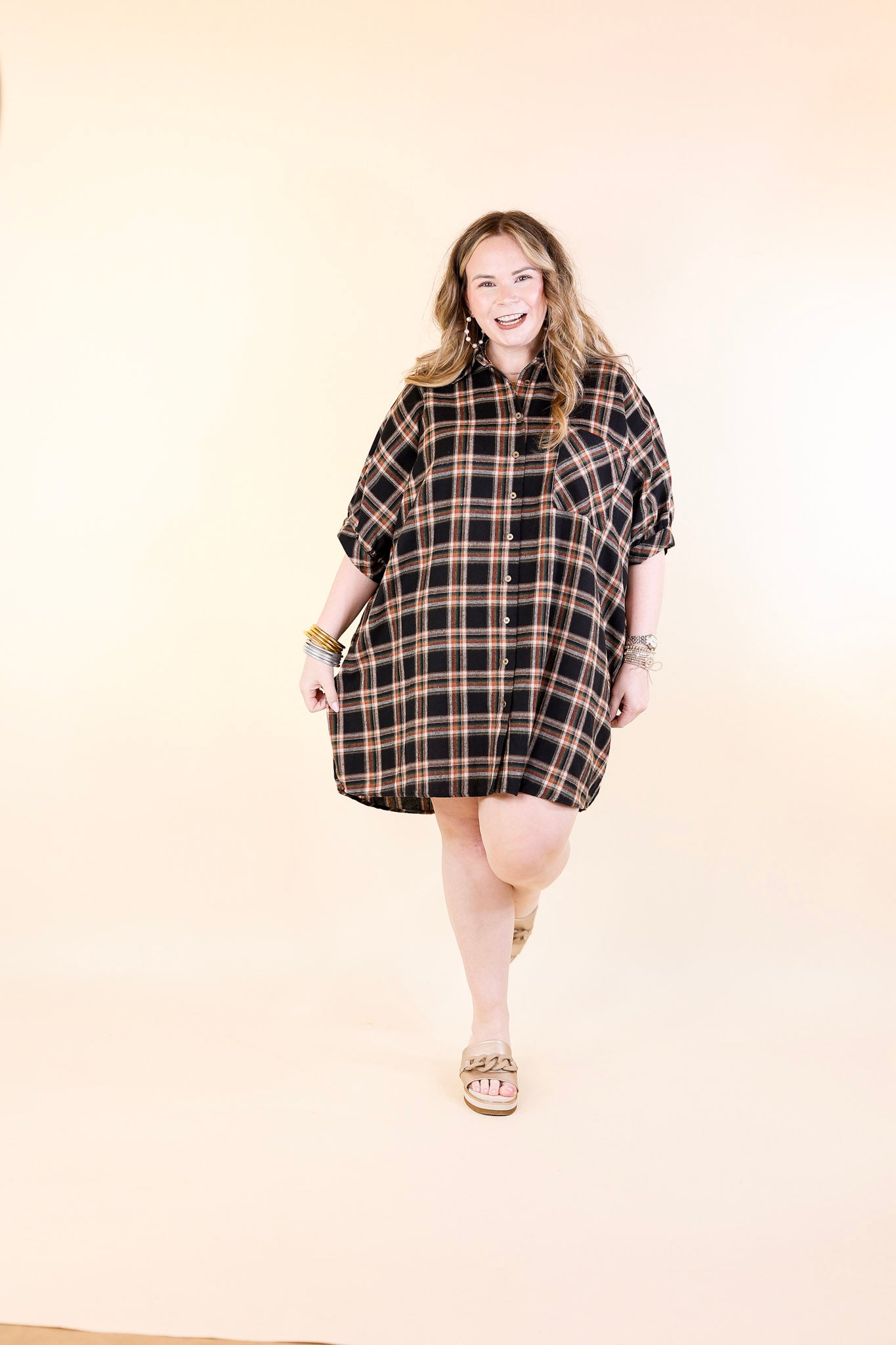 Cozy And Kind Button Up Plaid Dress in Black