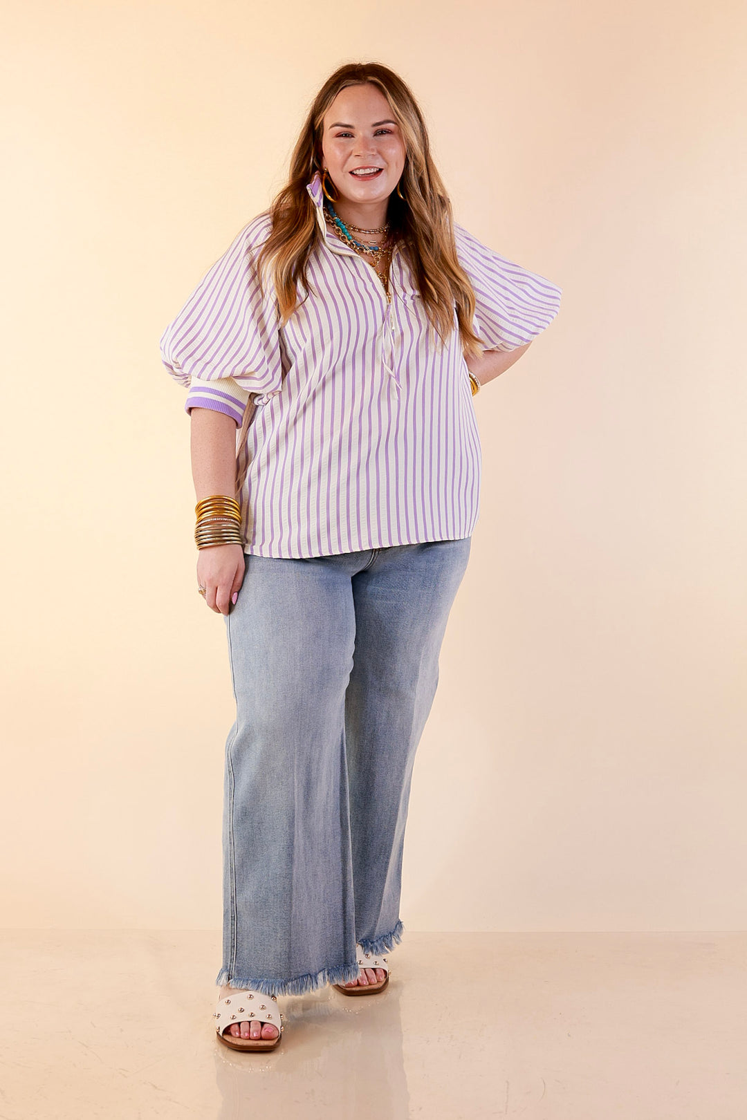 Bold Instincts Striped Print Half Zip Top with Puff Sleeves in Lavender Purple and Ivory