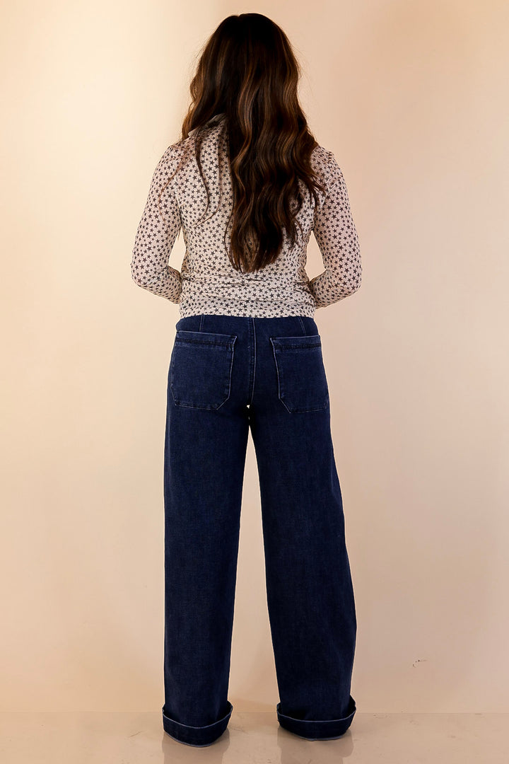 Western Dream Black Star Print Mesh Long Sleeve Top in Ivory