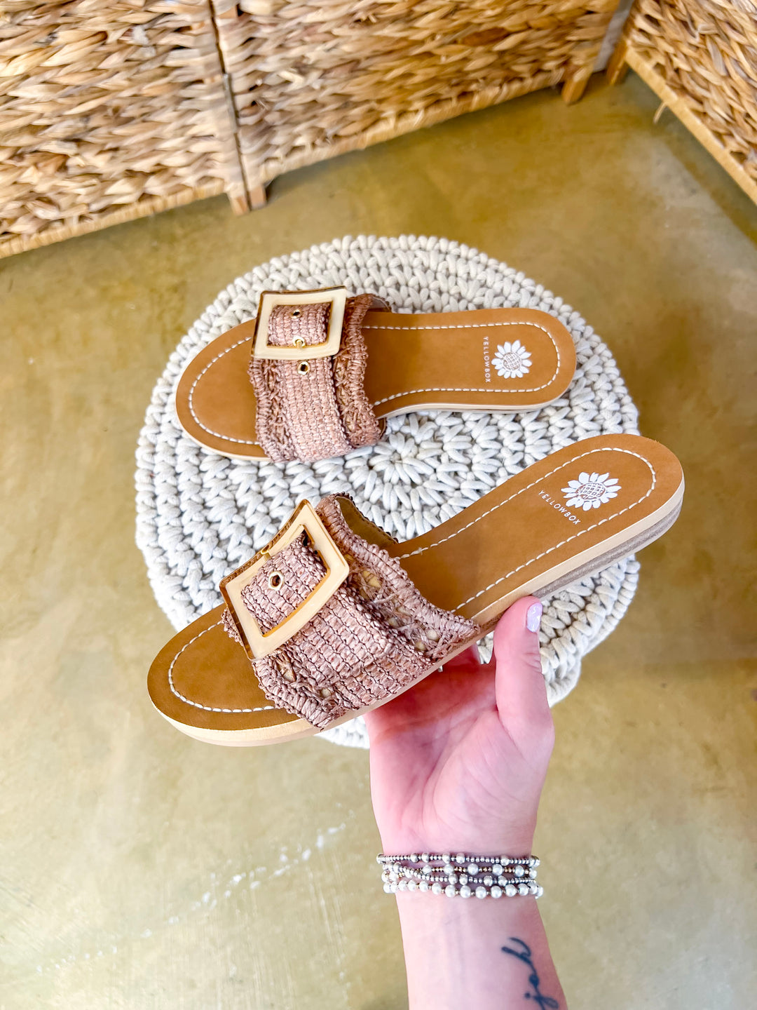 Yellow Box | Hamlyn Raffia Buckle Slide Sandals in Tan