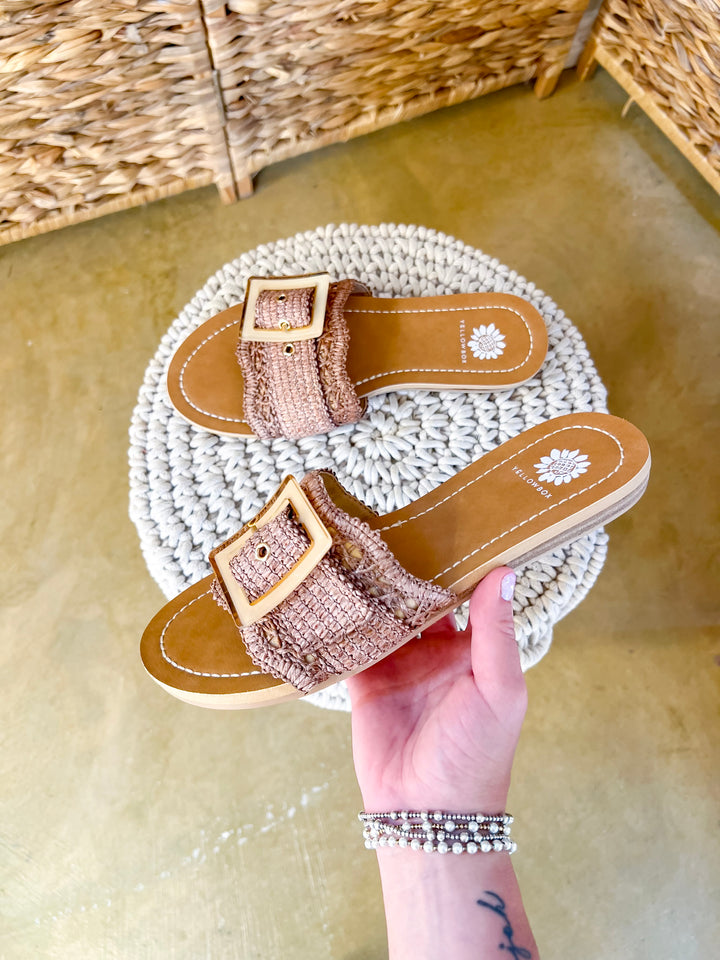 Yellow Box | Hamlyn Raffia Buckle Slide Sandals in Tan