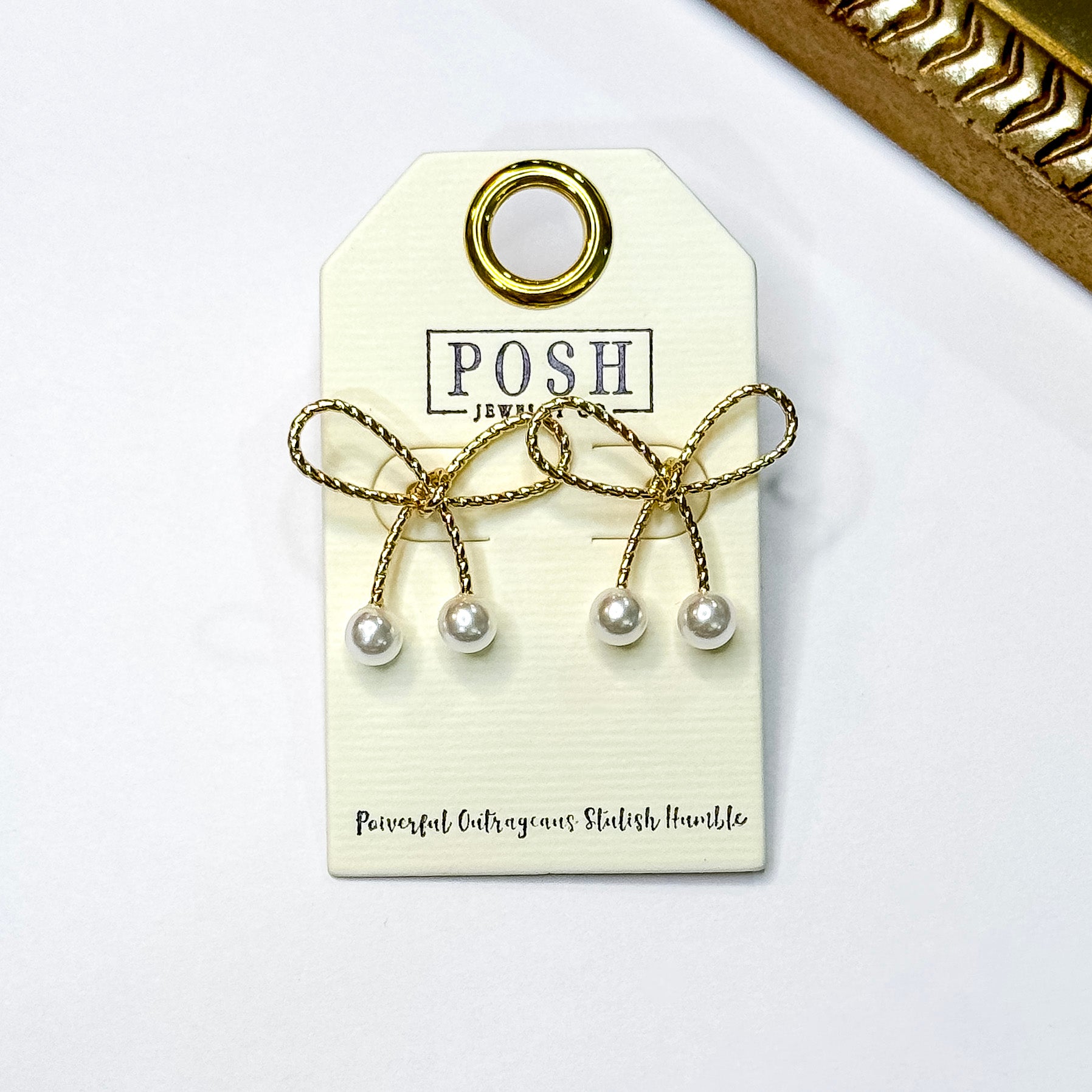 Posh by Pink Panache | Pearl Pop Gold Tone Bow Earrings
