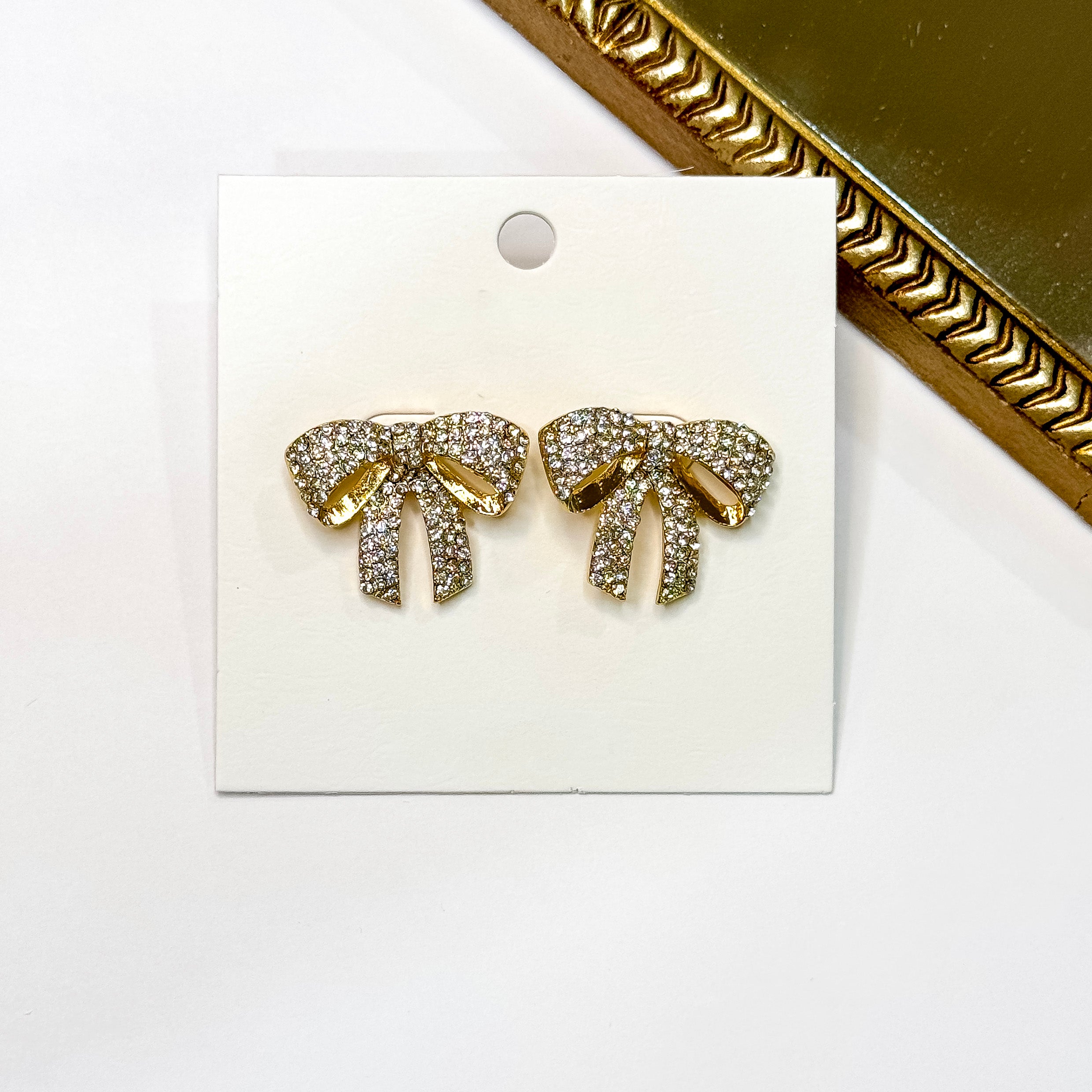 Twinkling Treasure Gold Tone Clear Rhinestone Bow Stud Earrings