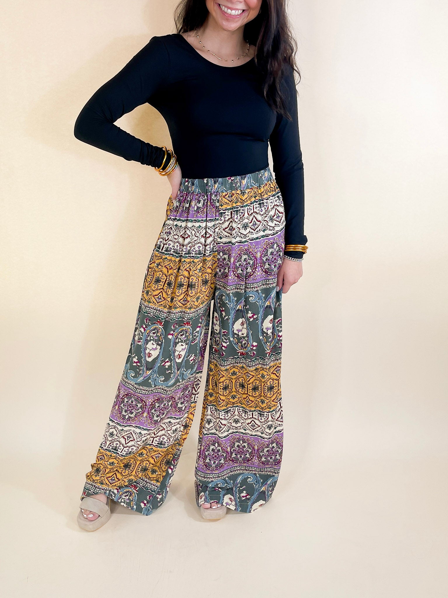 Slight Change Elastic Waist Floral Print Wide Leg Palazzo Pants in Green Mix