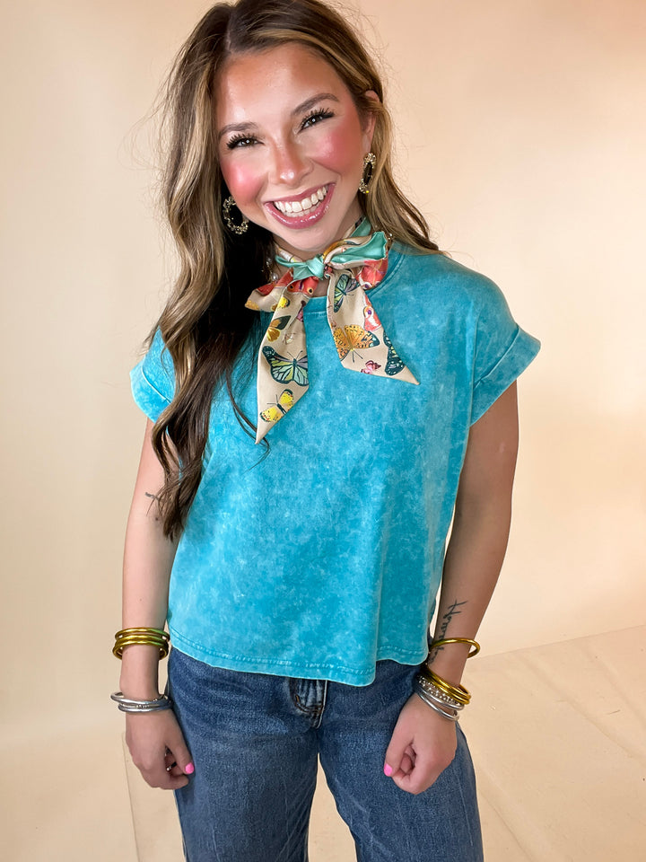 Easy Chic Mineral Washed Short Sleeve Cropped Tee in Teal Blue