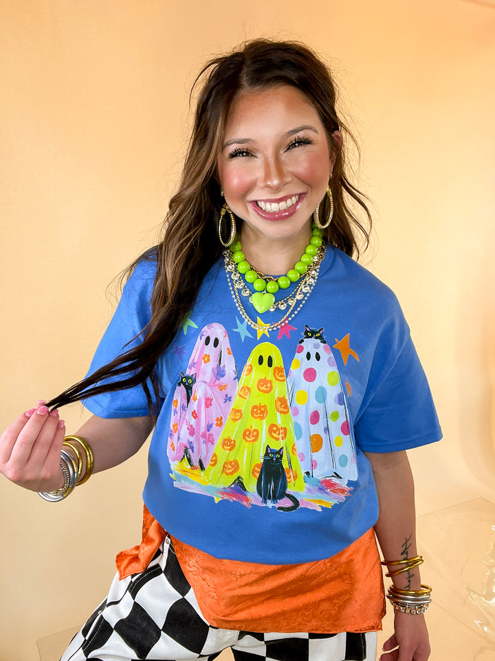 The Boo Crew Colorful Ghost Printed Halloween Graphic Tee in Periwinkle Blue