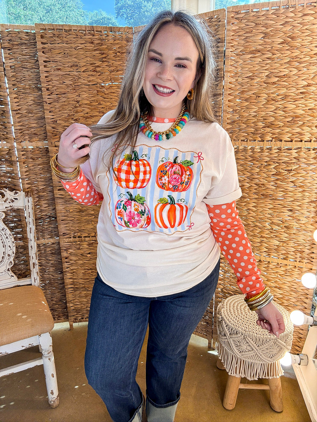 Prettiest in the Patch Stripe and Pumpkin Fall Graphic Tee in Natural