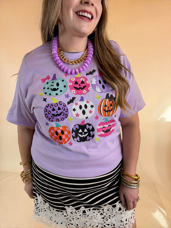 The Pumpkin Club Colorful Jack-O’-Lantern Halloween Graphic Tee in Lavender Purple