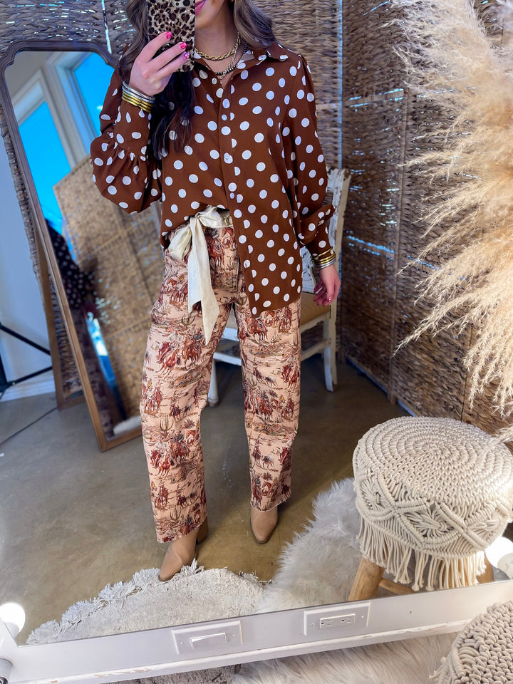 Story of the West Straight Leg Raw Hem Western Print Pants in Taupe Brown