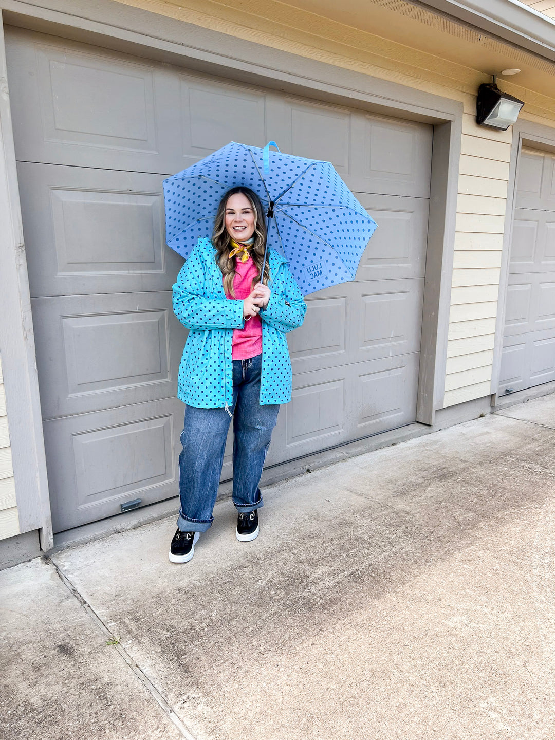 Lulu Mac | Chic Forecast Navy Blue Polka Dot Hooded Rain Jacket in Turquoise Blue