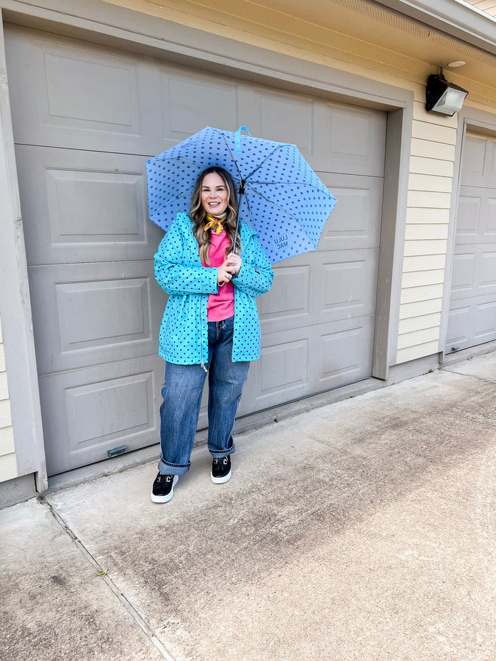 Lulu Mac | Chic Forecast Navy Blue Polka Dot Hooded Rain Jacket in Turquoise Blue