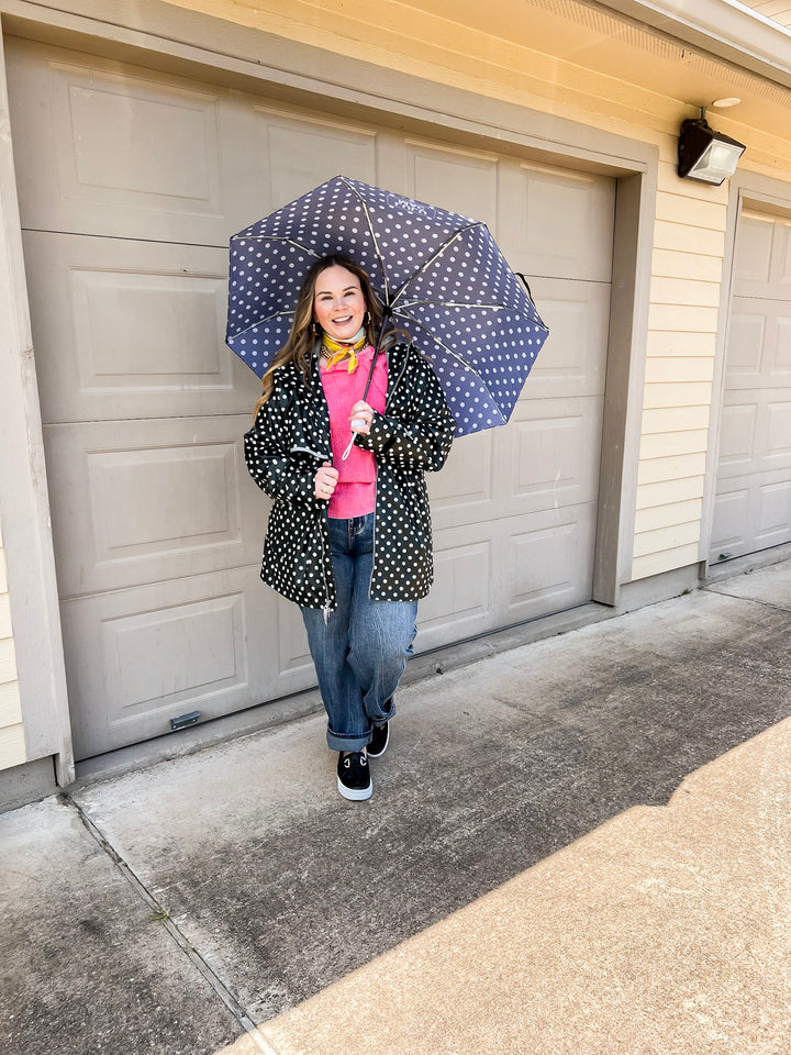 Lulu Mac | Chic Forecast Ivory Polka Dot Hooded Rain Jacket in Black