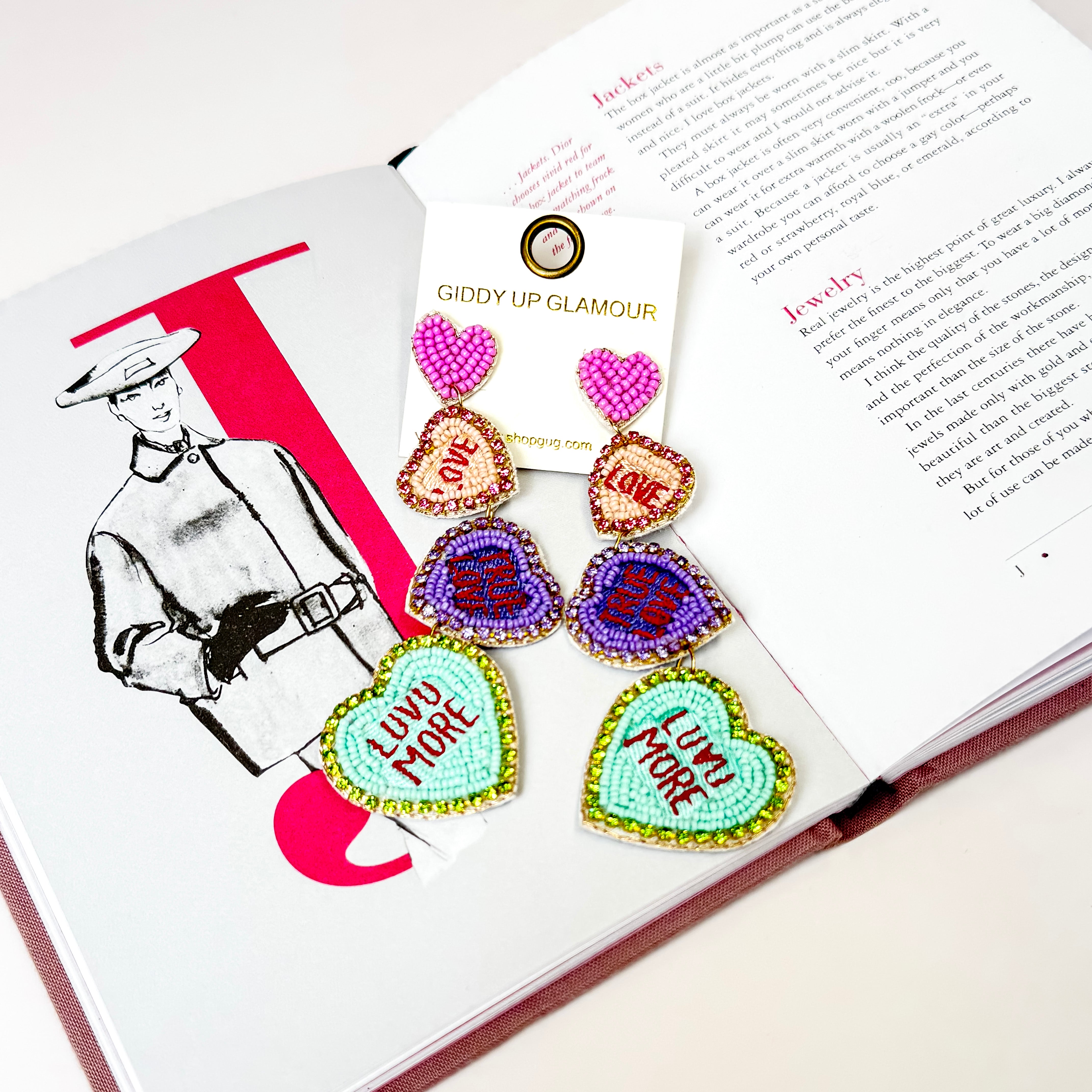 Four Tiered Beaded Multicolored Conversation Hearts Earrings - Giddy Up Glamour Boutique