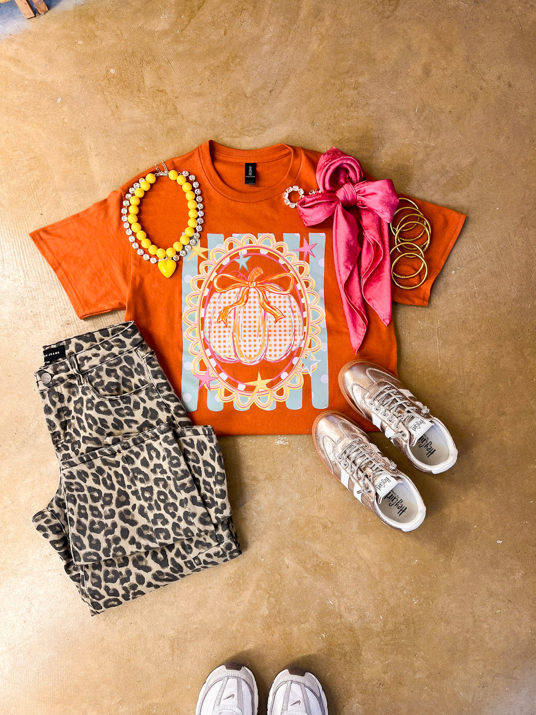 Sweet on the Season Gingham Pumpkin, Stripe and Polka Dot Design with Bow Detail Fall Graphic Tee in Rust Orange