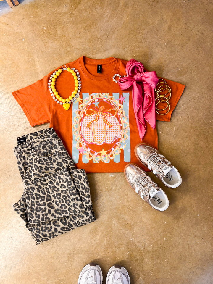Sweet on the Season Gingham Pumpkin, Stripe and Polka Dot Design with Bow Detail Fall Graphic Tee in Rust Orange